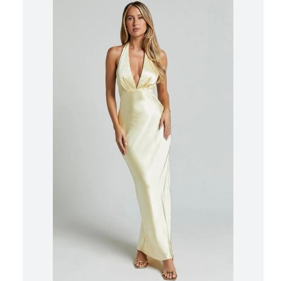 Showpo Saints & Secrets Prima Butter Yellow Satin Plunge Maxi Dress Size 4 Small - Picture 1 of 8